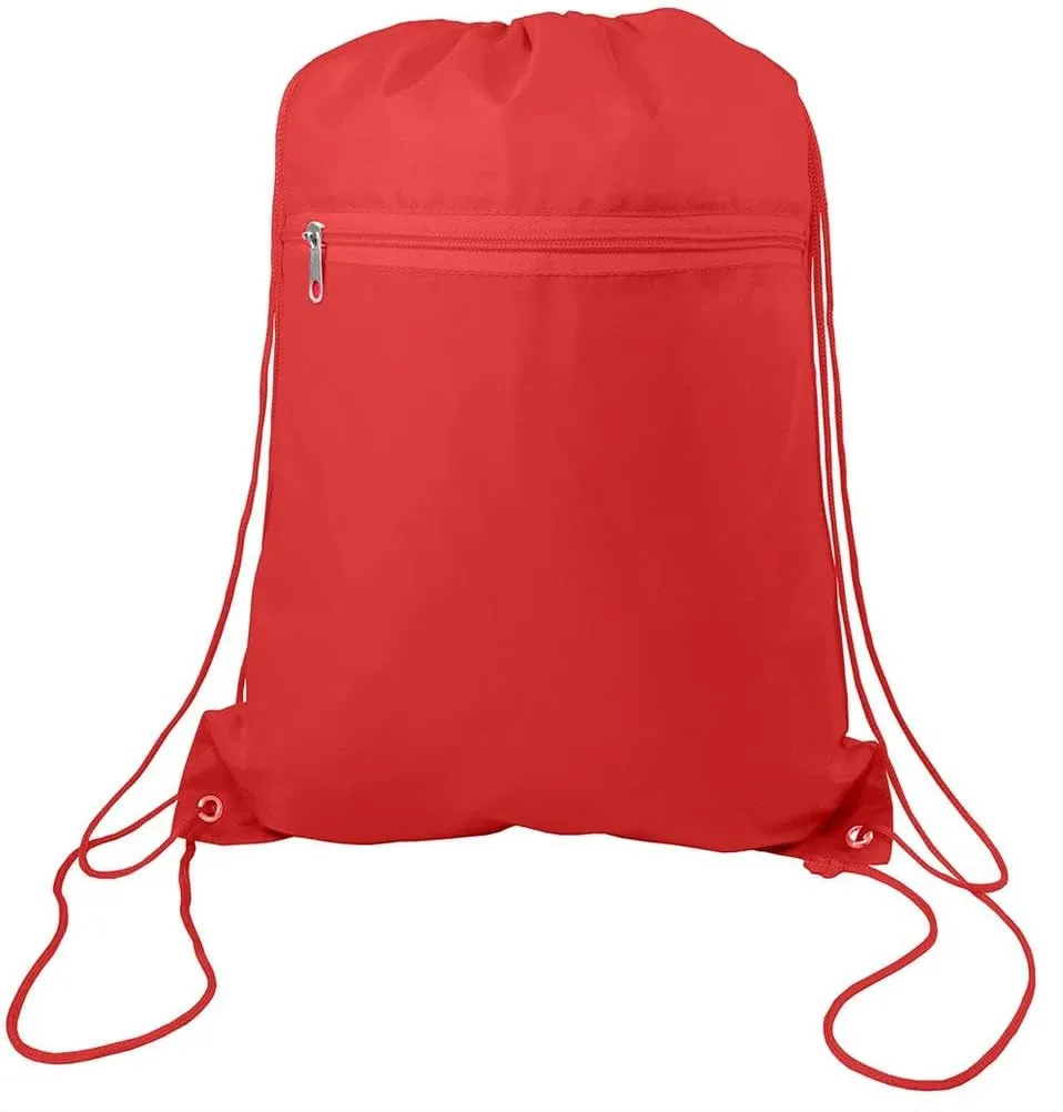 TBF (12 Pack) Set of 12 Durable Polyester Drawstring Backpack Bags with Front Zipper Pocket 15" W x 18" H (Red)