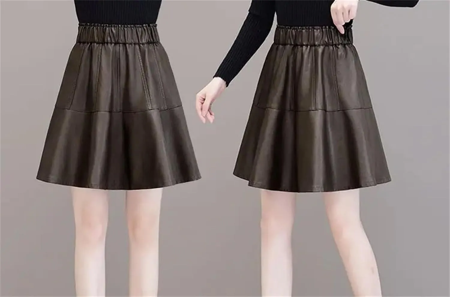 Women Office Pleated Mini Skirt Solid Chic Elastic High Waist Slim A-Line PU Leather Skirt