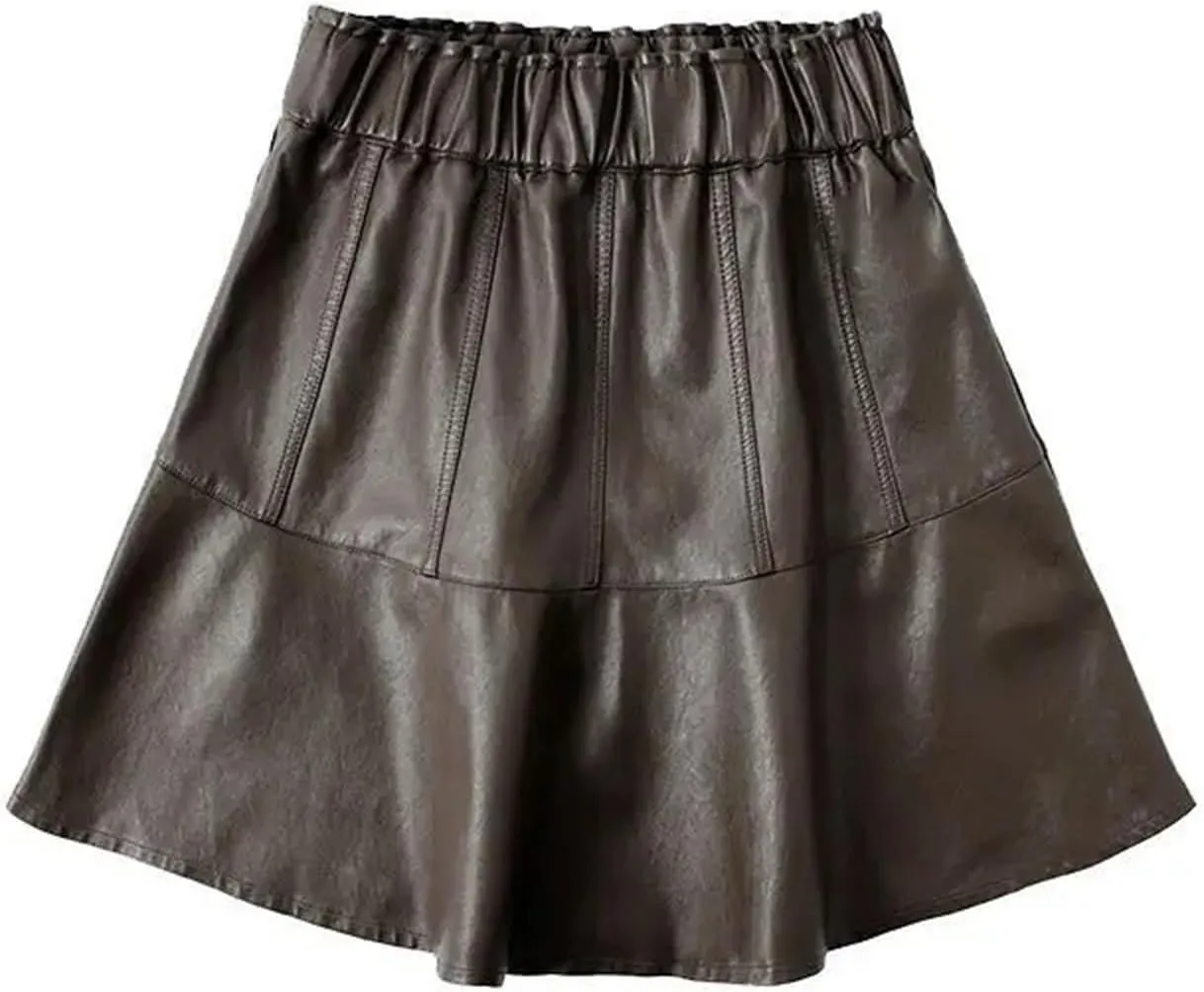 Women Office Pleated Mini Skirt Solid Chic Elastic High Waist Slim A-Line PU Leather Skirt