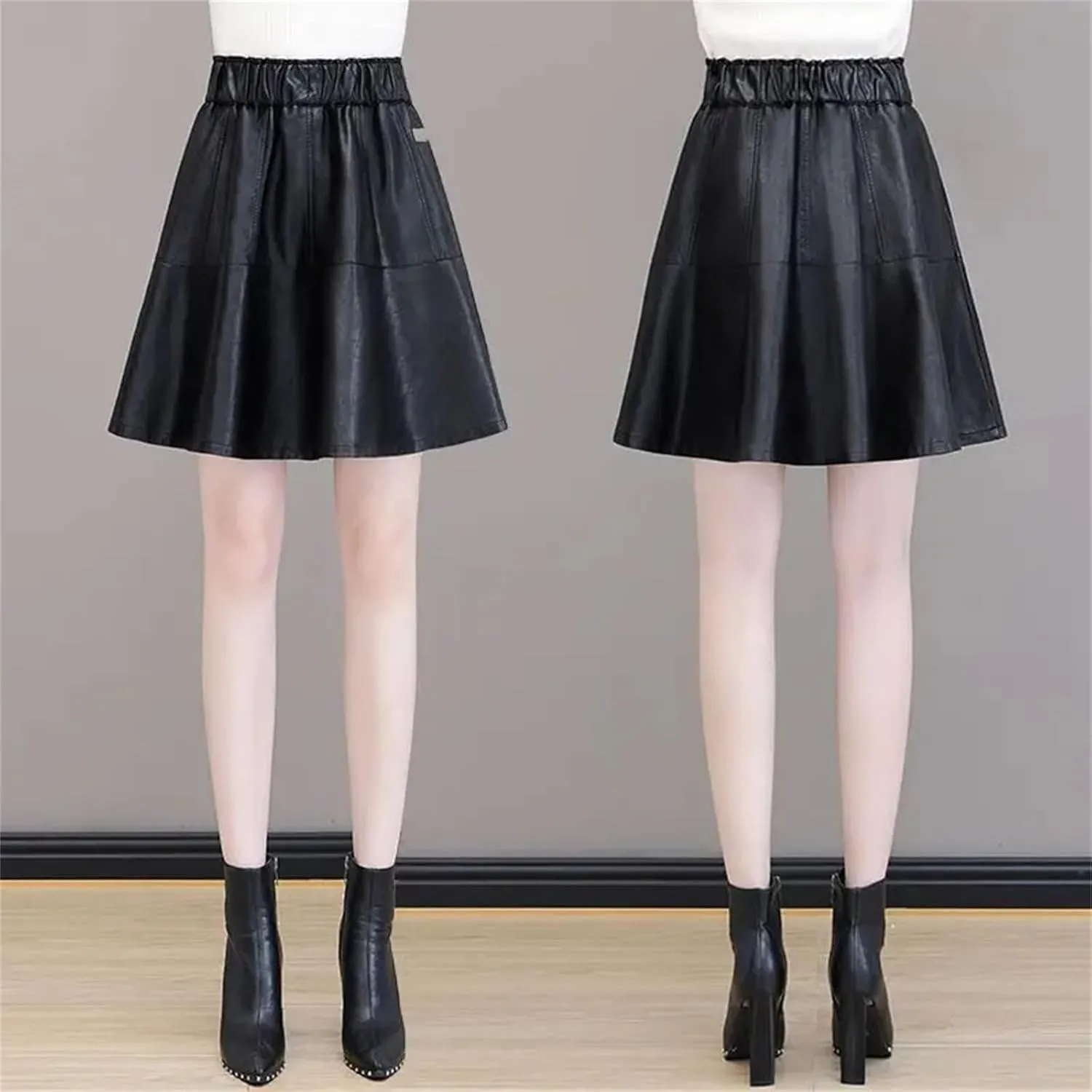 Women Office Pleated Mini Skirt Solid Chic Elastic High Waist Slim A-Line PU Leather Skirt