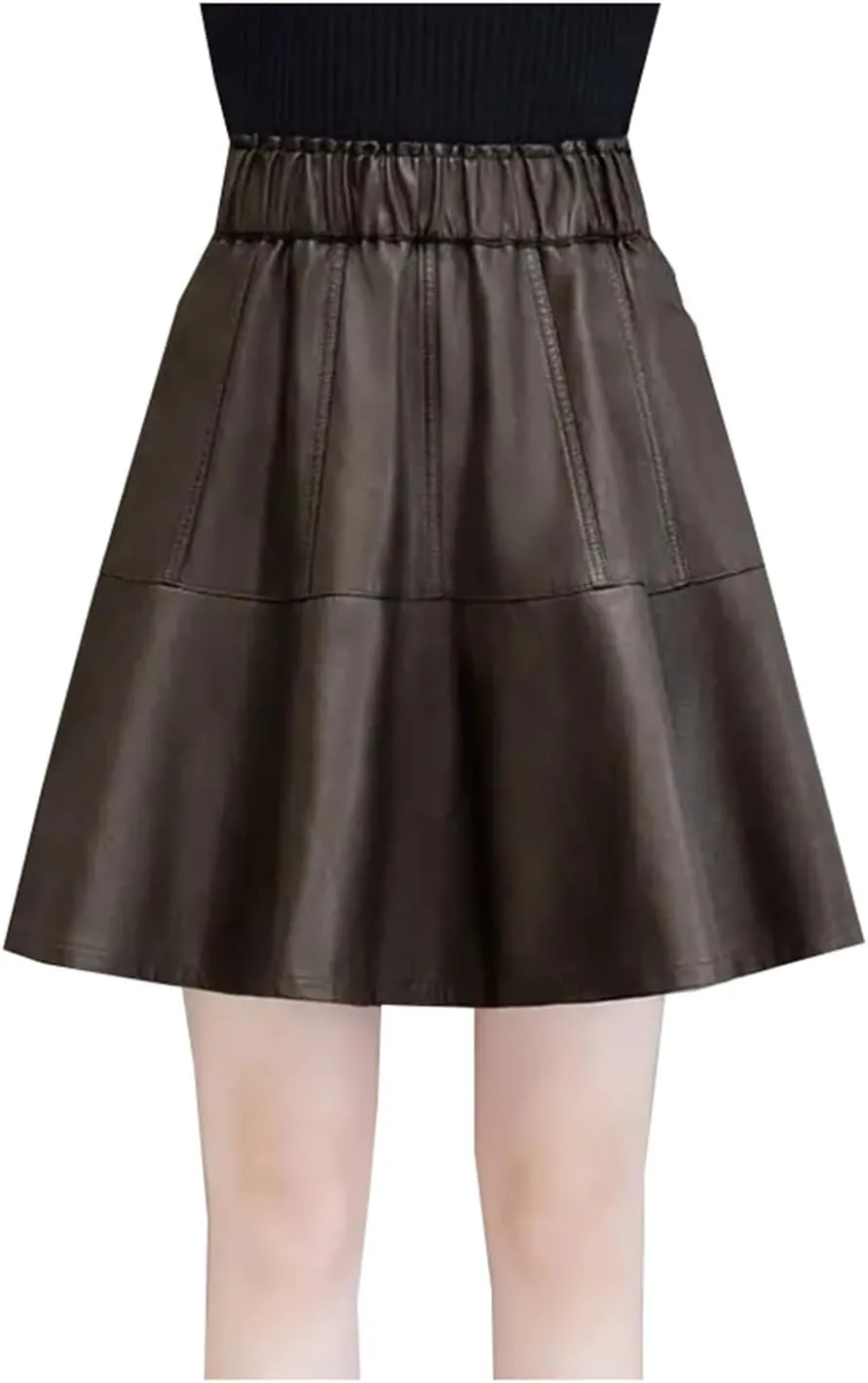 Women Office Pleated Mini Skirt Solid Chic Elastic High Waist Slim A-Line PU Leather Skirt