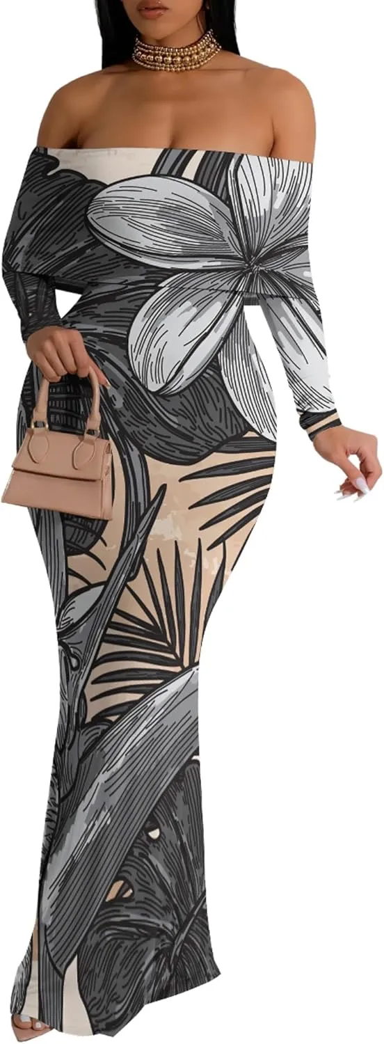 Women Sexy Bodycon Maxi Dress Long Sleeves Floral Print Slim Dress Elegant Long Club Party Dresses Evening Party