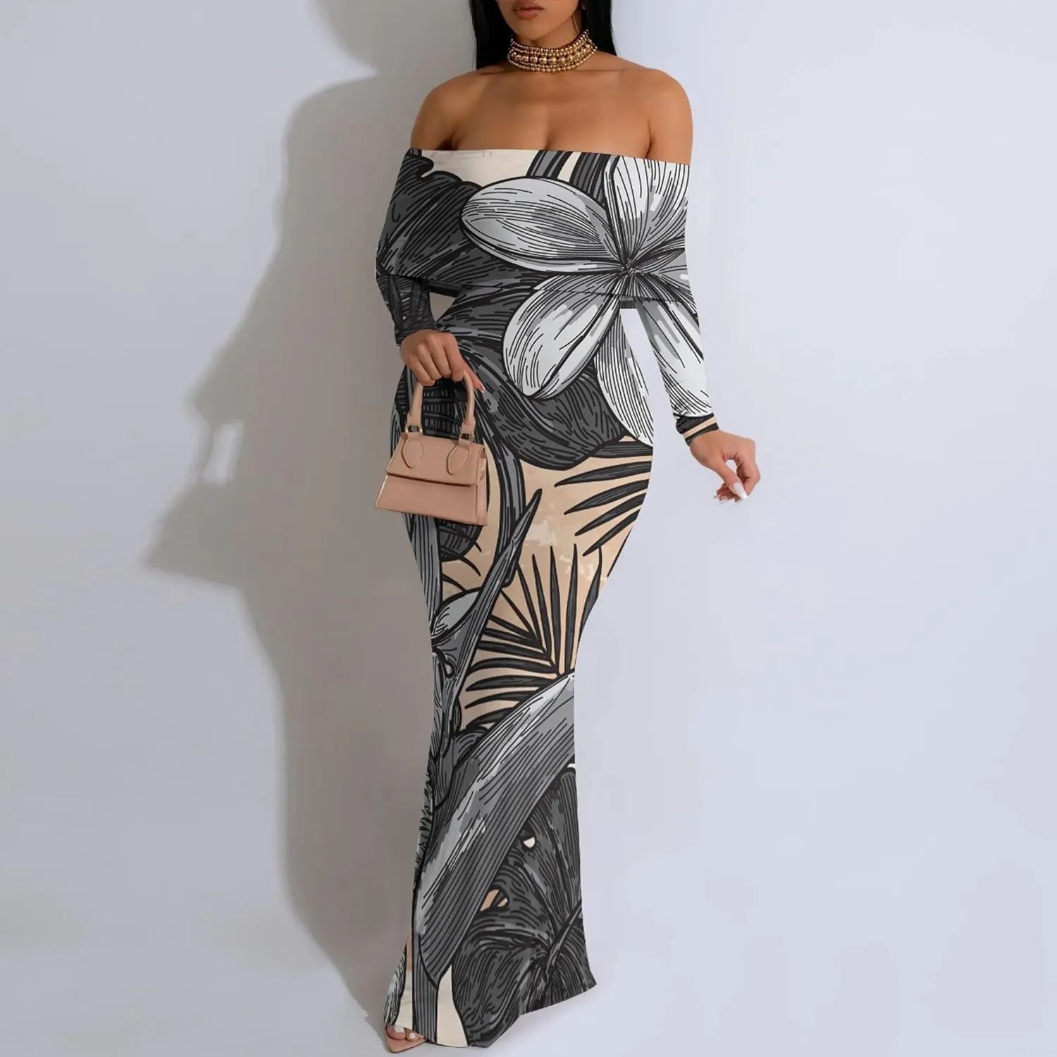Women Sexy Bodycon Maxi Dress Long Sleeves Floral Print Slim Dress Elegant Long Club Party Dresses Evening Party