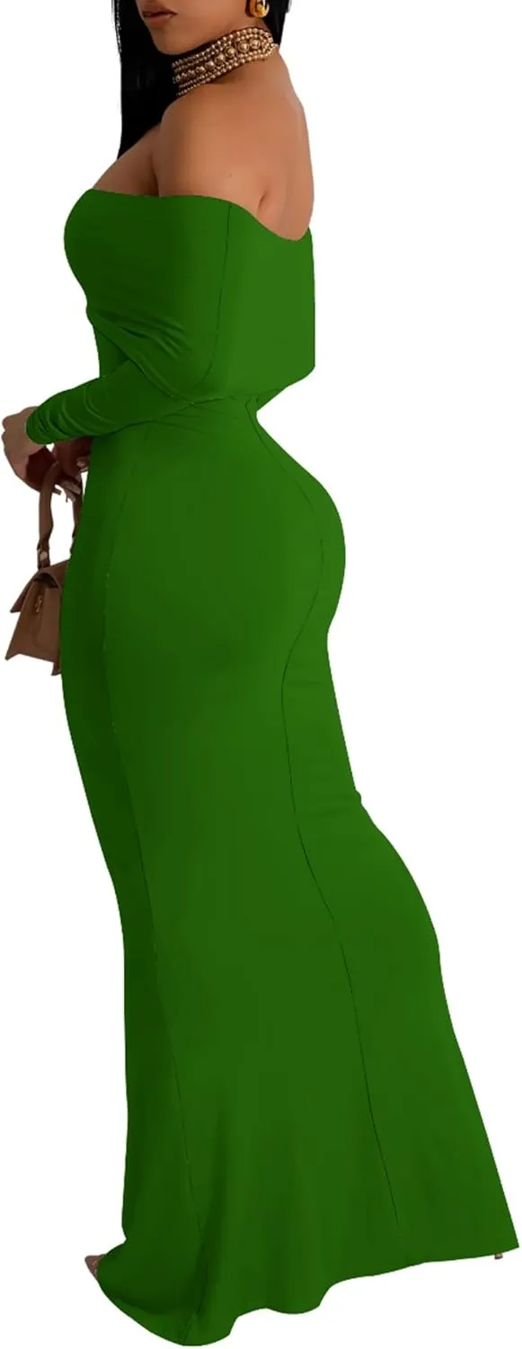 Women's Sexy Elegant Long Sleeve Off Shoulder Bodycon Long Evening Formal Dress Cocktail Party Maxi Dress