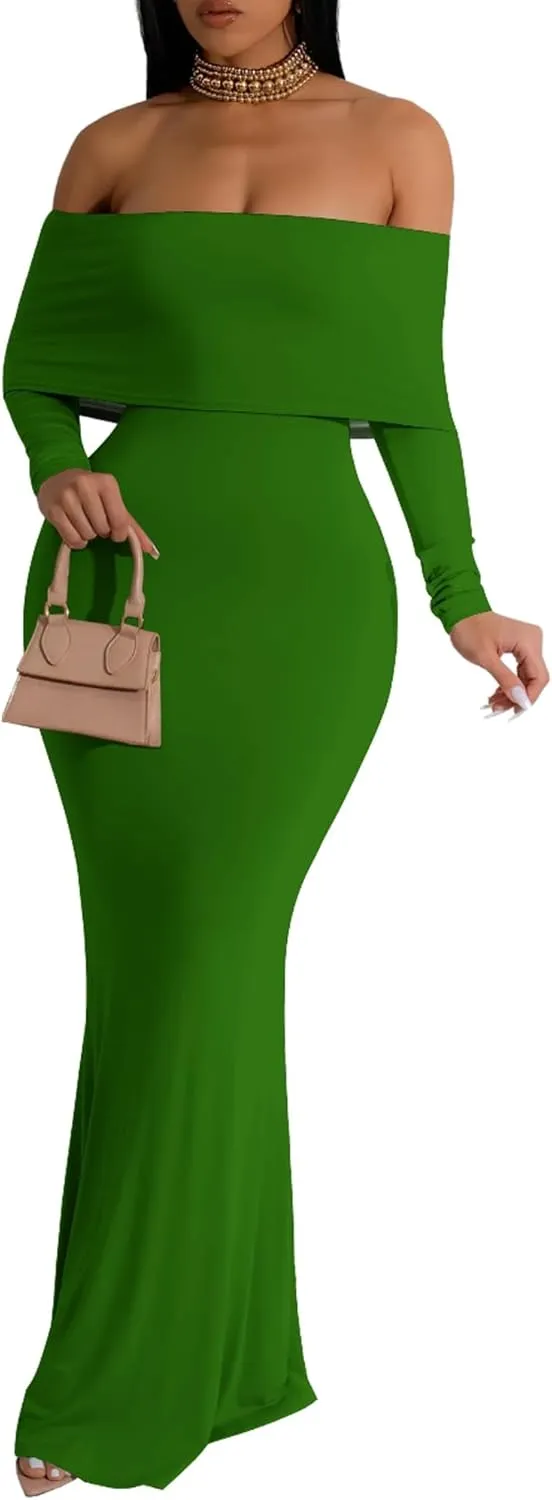 Women's Sexy Elegant Long Sleeve Off Shoulder Bodycon Long Evening Formal Dress Cocktail Party Maxi Dress