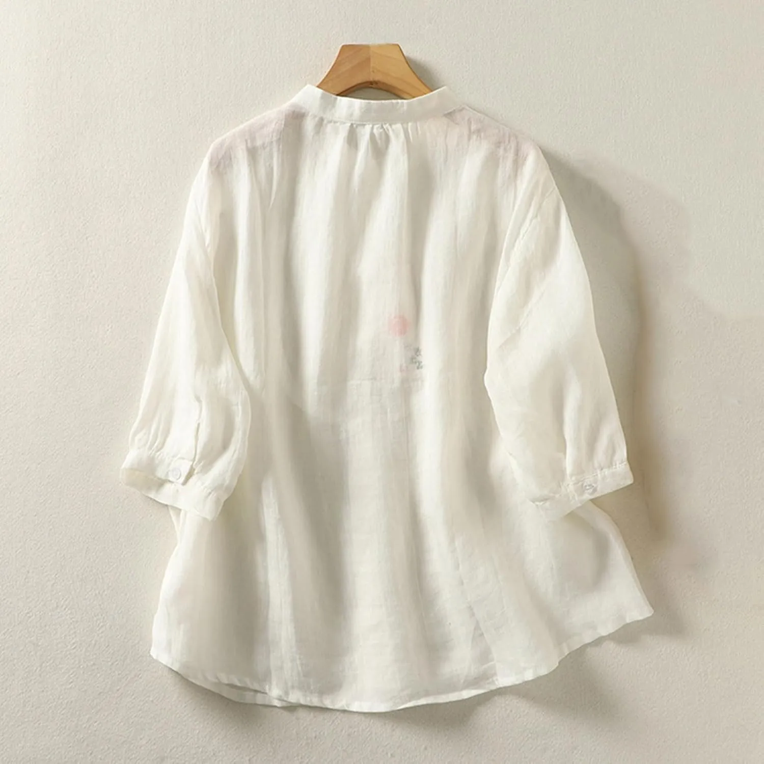 Womens Short Sleeve Button Down Shirt Vintage Embroidered Cotton Linen Summer Blouse Loose Fit Top