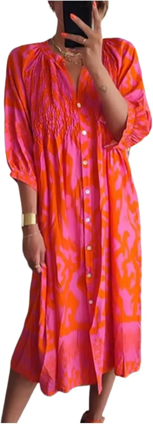 Women's Summer Hot Pink and Orange Print Shirred Button Front Midi Dress Casual V Neck 3/4 Sleeve Midi Shift Dress