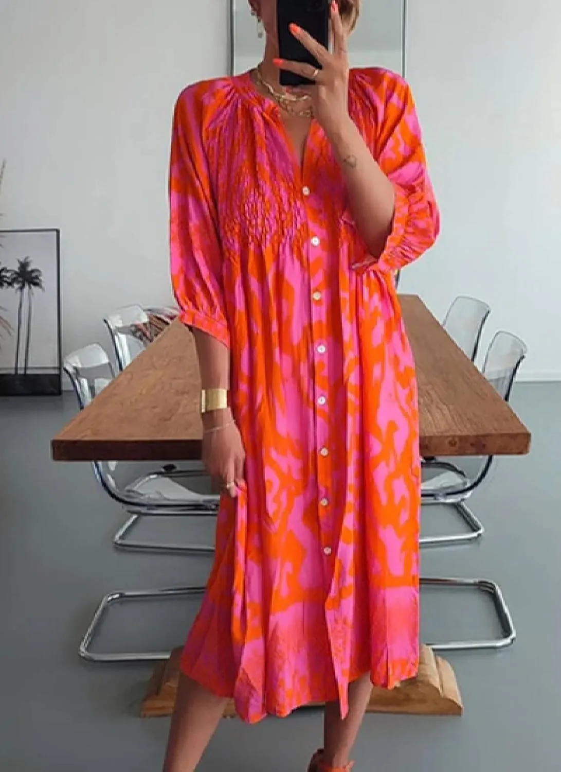 Women's Summer Hot Pink and Orange Print Shirred Button Front Midi Dress Casual V Neck 3/4 Sleeve Midi Shift Dress
