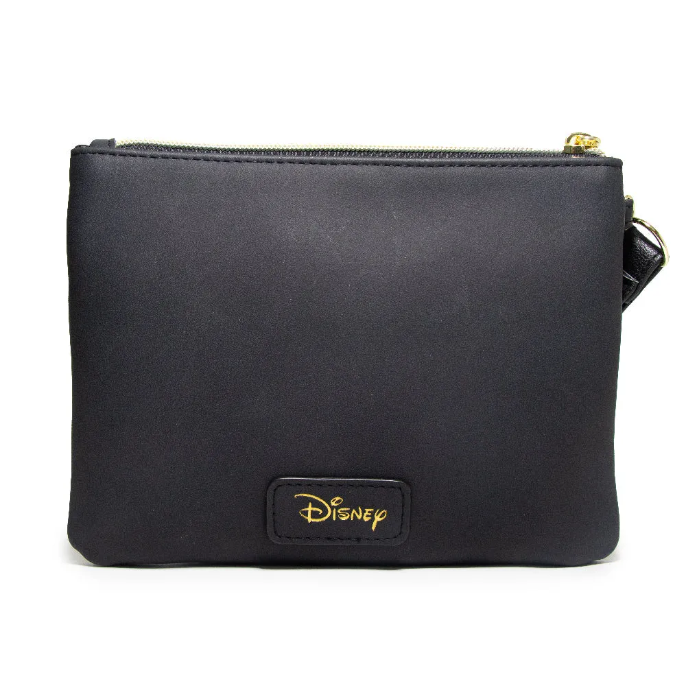 Women's Wallet Double Pocket Wristlet - Aladdin Jasmine Script Debossed Black with Castle Emblem Gold